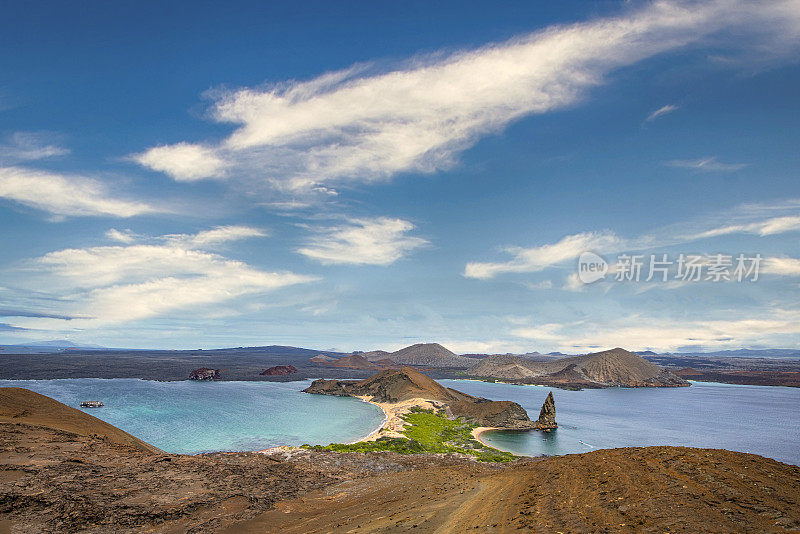 Aerial view of Pinnacle Rock, Bartolome Island, Galapagos, Ecuador